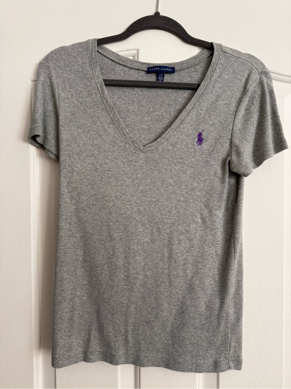 Ralph Lauren Gray V-Neck Short Sleeve Polo Tee with Purple Pony